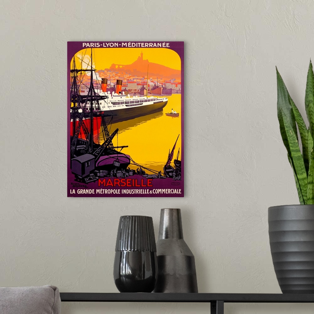 A modern room featuring Art Deco style advertising print.  A huge ship with city in the distance and loading dock in the ...
