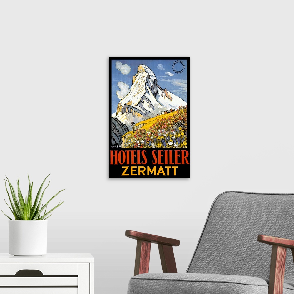 A modern room featuring Matterhorn, Hotel Seiler, Vintage Poster, by Gachons