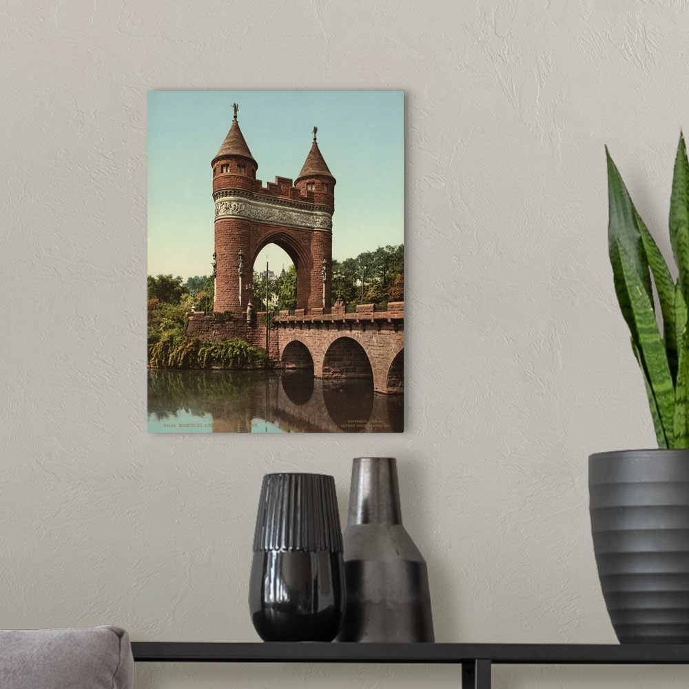 A modern room featuring Hand colored photograph of memorial arch, Hartford, Connecticut.