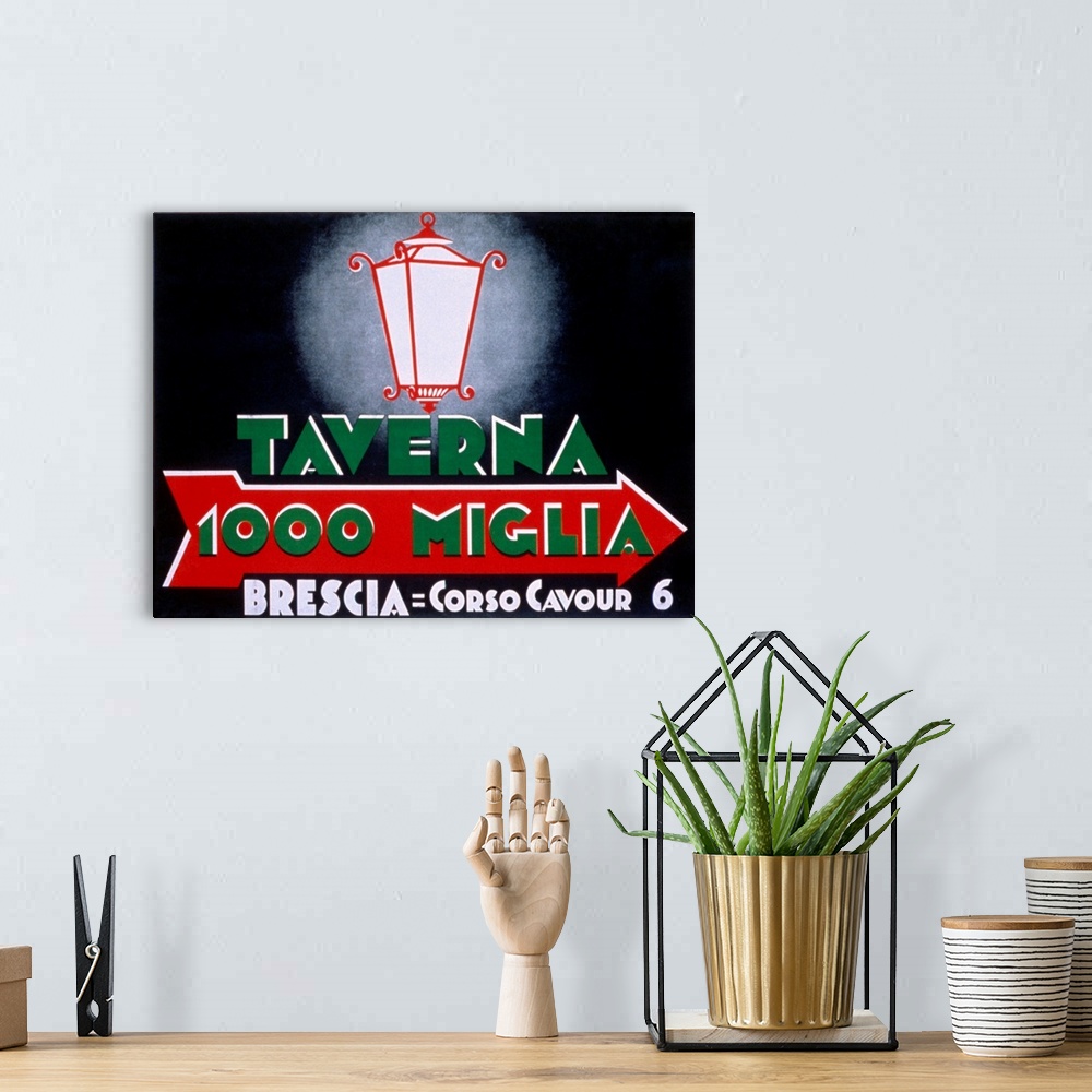 A bohemian room featuring Vintage sign poster advertising an Italian Tavern with a street lamp and arrow.