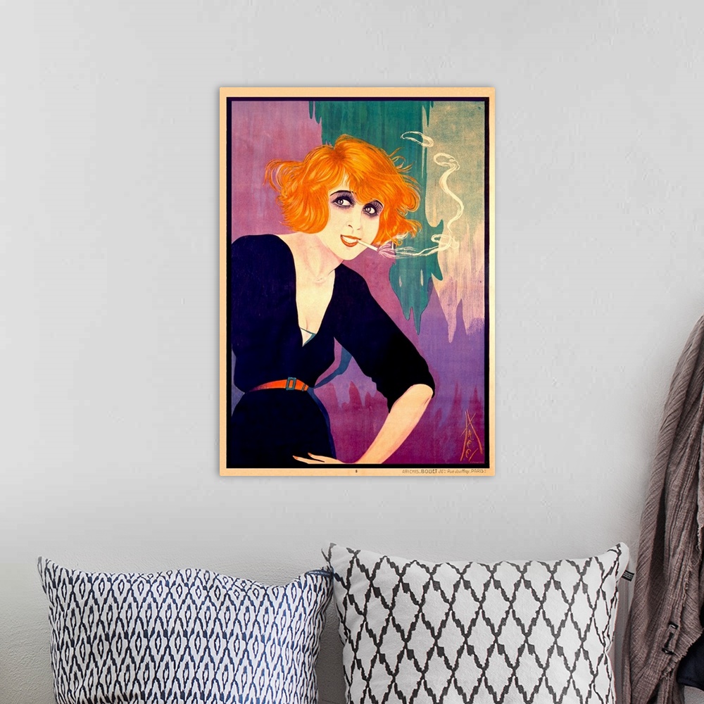 A bohemian room featuring Old poster artwork of a woman hunched over smoking a cigarette with a colorful abstract background.