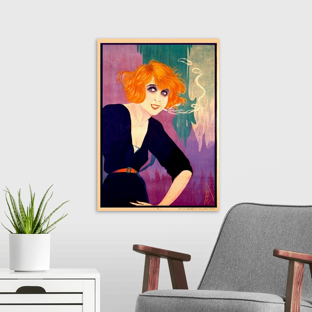 A modern room featuring Old poster artwork of a woman hunched over smoking a cigarette with a colorful abstract background.