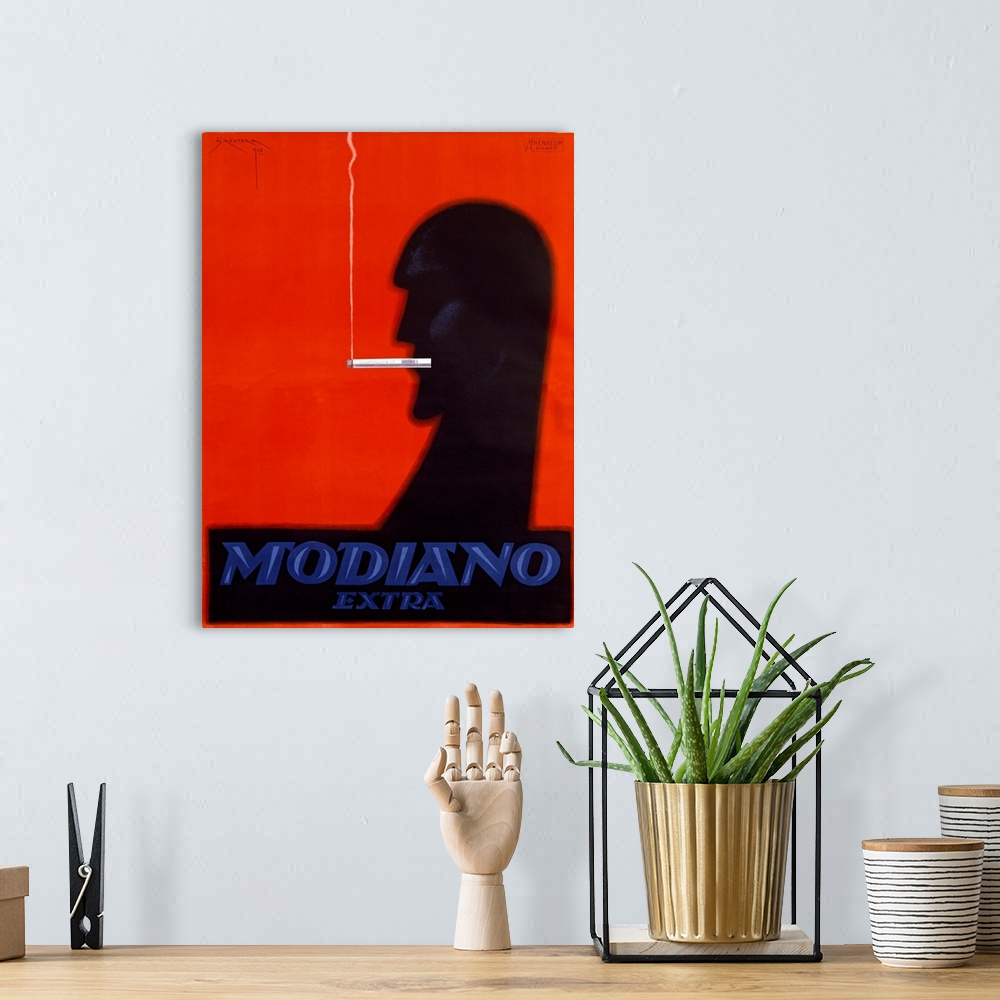 A bohemian room featuring Old print advertising a cigarette brand.  There is a silhouette of man with a smoking cigarette i...