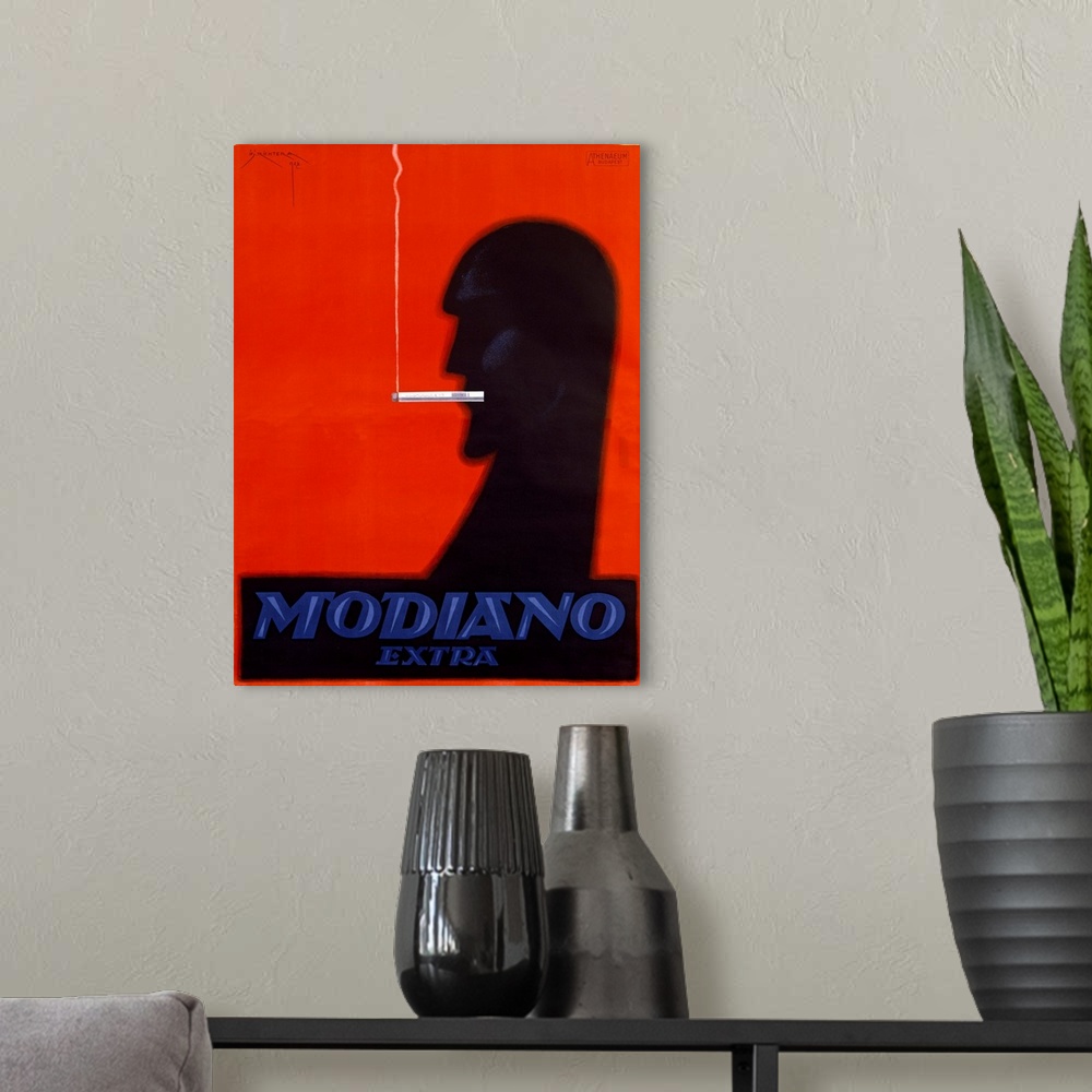 A modern room featuring Old print advertising a cigarette brand.  There is a silhouette of man with a smoking cigarette i...