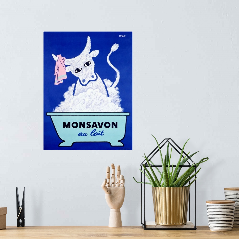 A bohemian room featuring Old poster artwork showing a bull in a bubble bath with wash cloth hanging from its horns.