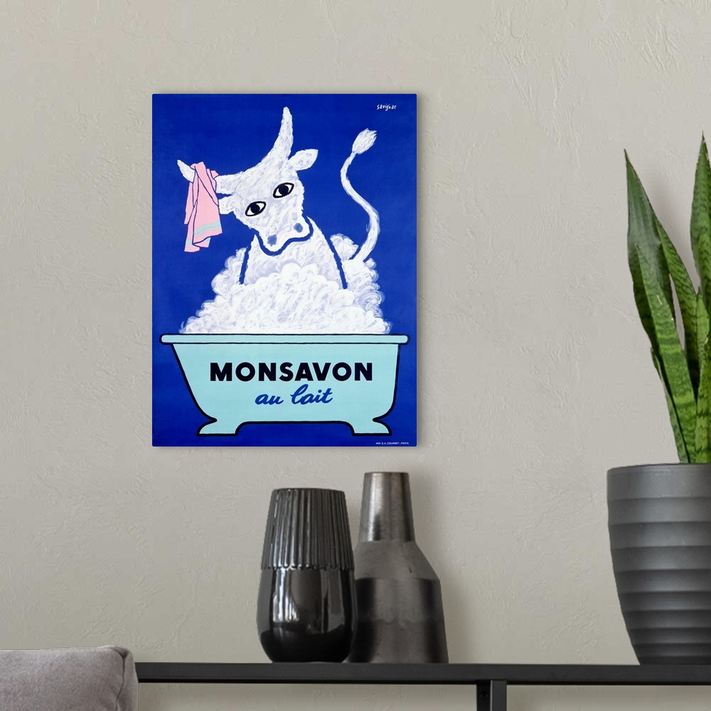 A modern room featuring Old poster artwork showing a bull in a bubble bath with wash cloth hanging from its horns.