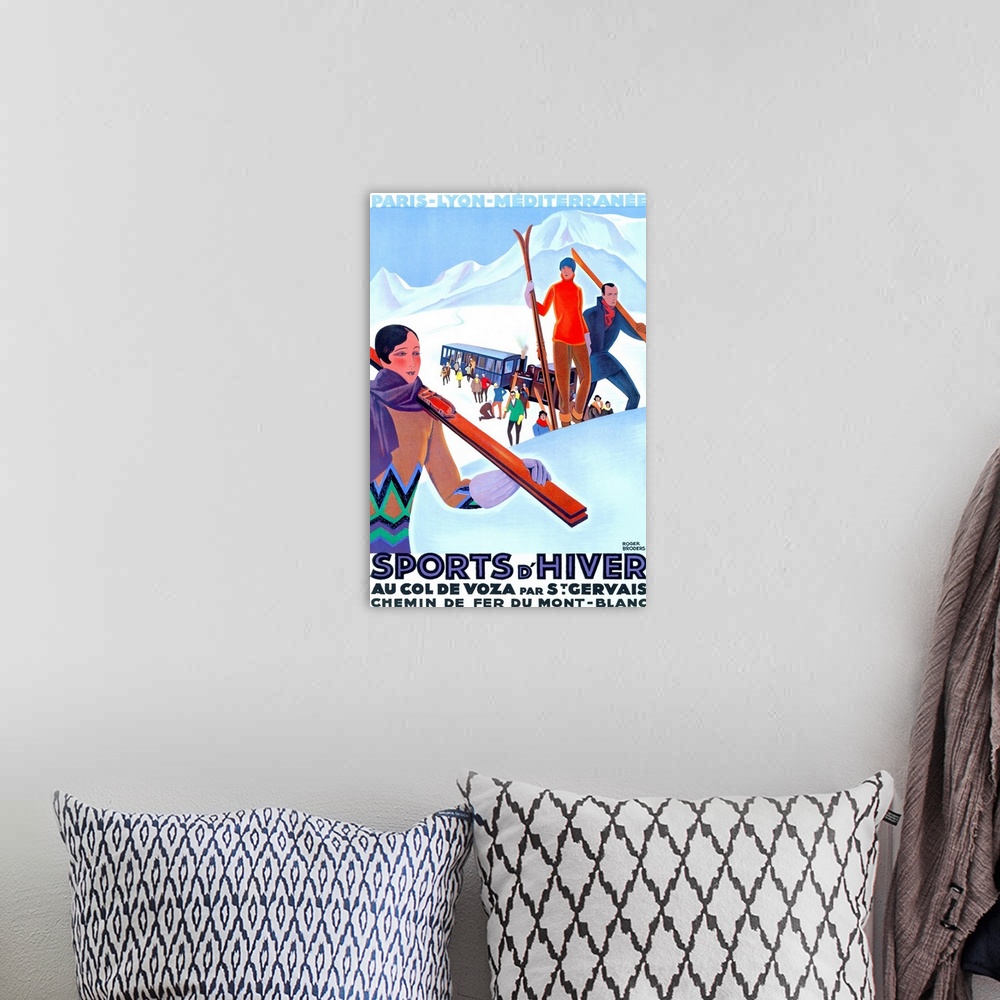 A bohemian room featuring Old advertising poster for vacation travel.  Colorful image of skiers unloading from a trolley in...