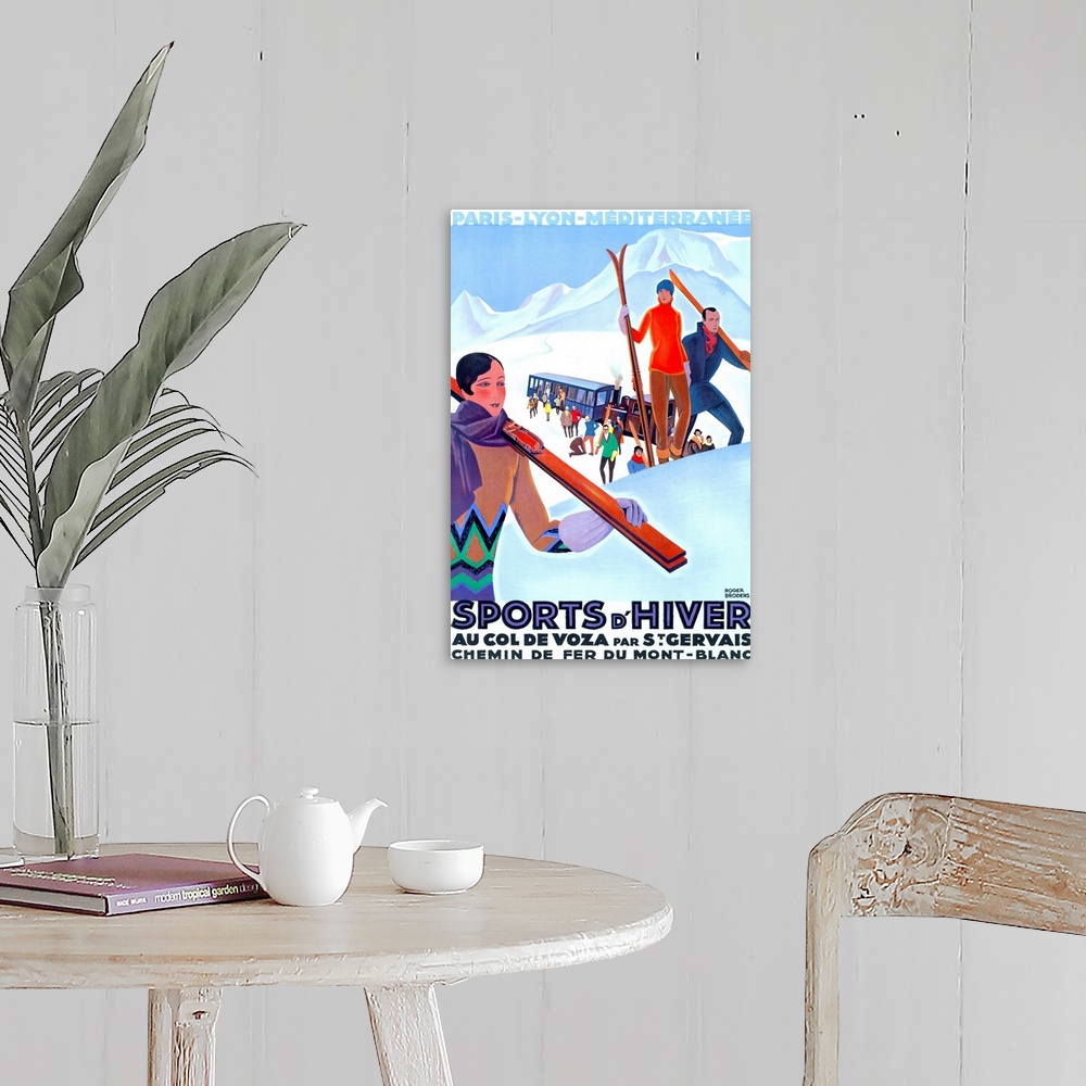 A farmhouse room featuring Old advertising poster for vacation travel.  Colorful image of skiers unloading from a trolley in...