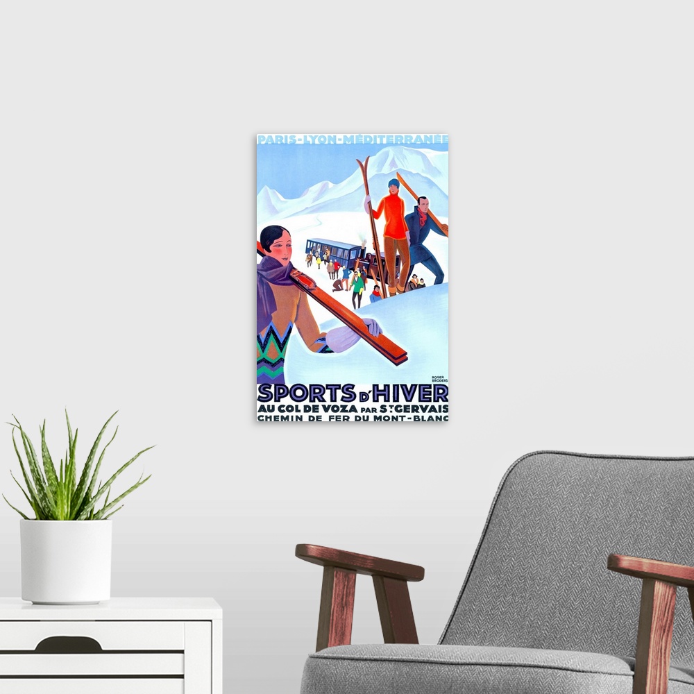 A modern room featuring Old advertising poster for vacation travel.  Colorful image of skiers unloading from a trolley in...