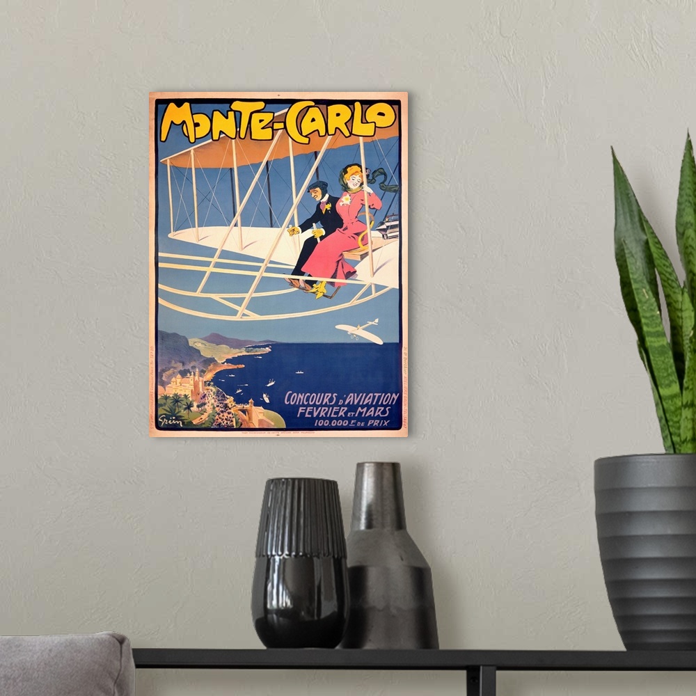 A modern room featuring Monte Carlo, Concours dAviation, Vintage Poster, by Jules Alexandre Grun