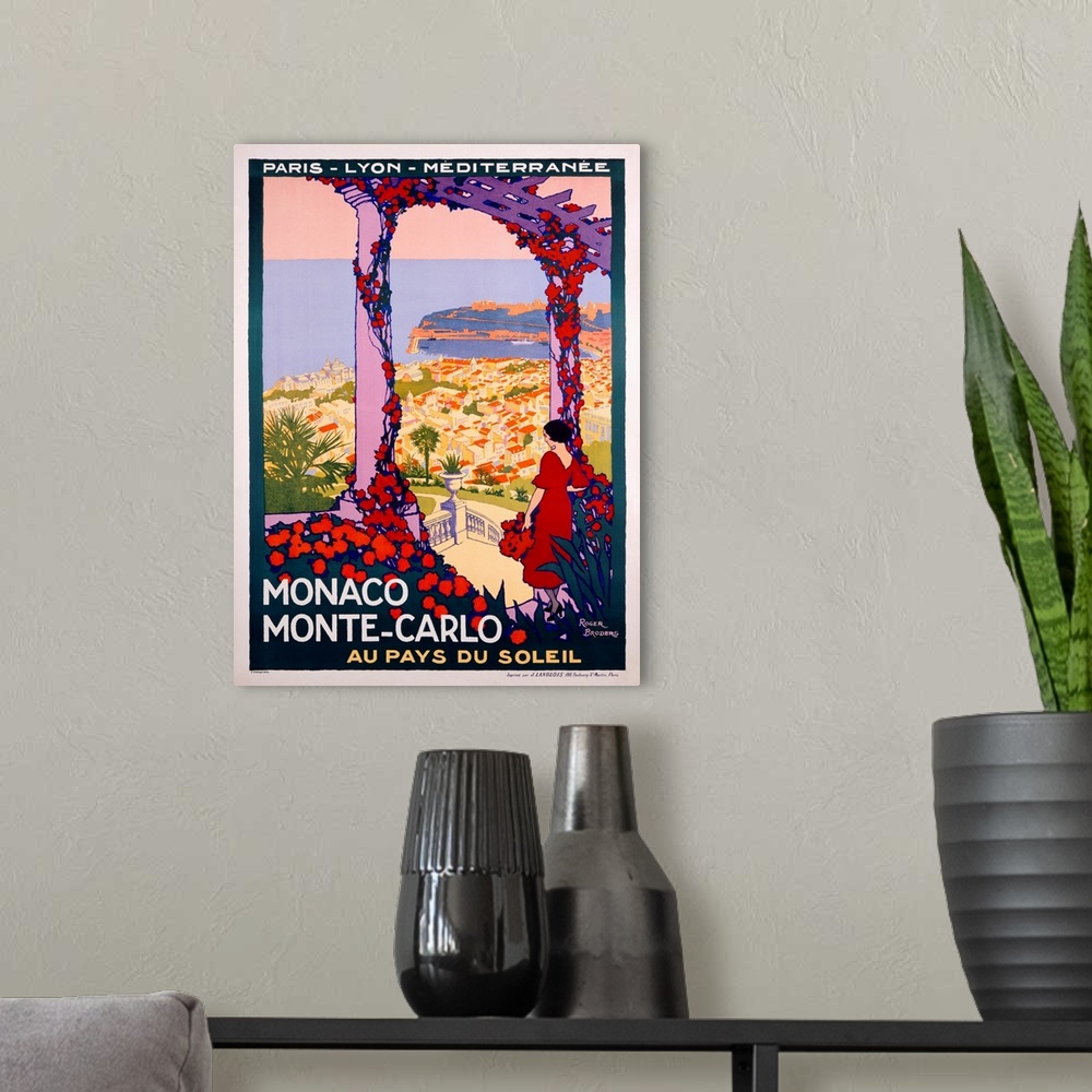 A modern room featuring Vintage Art Deco travel poster advertising travel and tourism to Monaco and Monte Carlo.