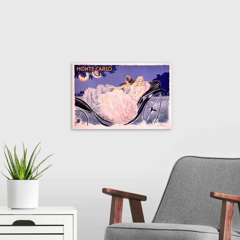 A modern room featuring Antiqued poster painting of two women in fancy dresses riding in a carriage.