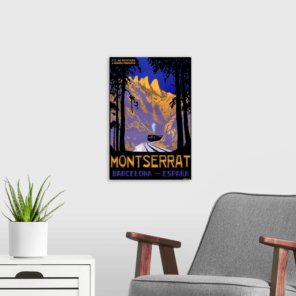A modern room featuring Vertical, vintage advertisement on a large canvas for Montserrat, Barcelona Spain.  A steam train...