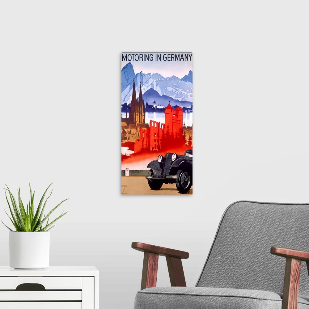 A modern room featuring Vintage car advertisement poster for German cars with the front of a car parked on the road and f...