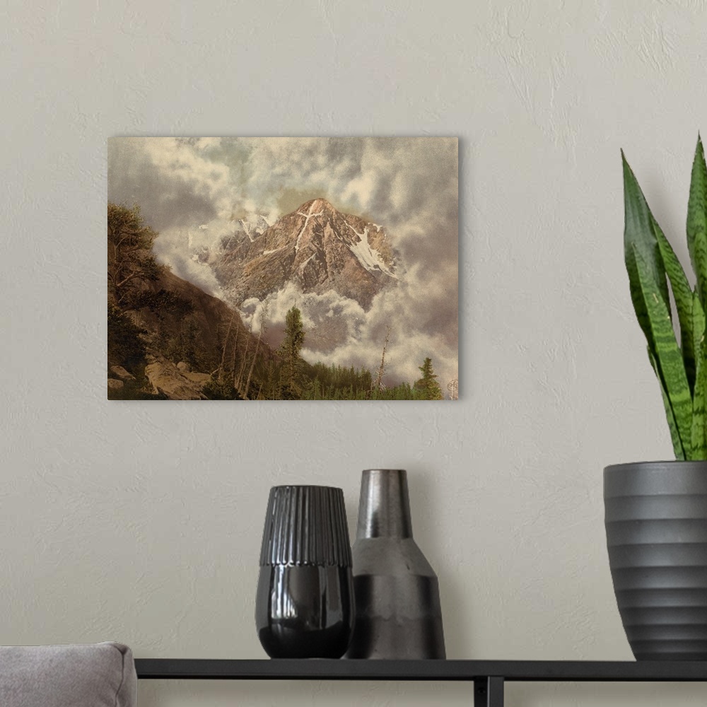 A modern room featuring Hand colored photograph of mount of the holy cross in the clouds.