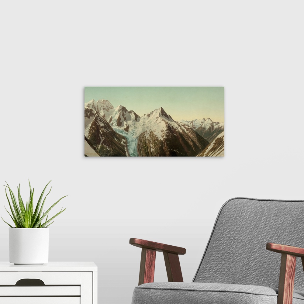 A modern room featuring Hand colored photograph of Mt. Fox and Mt. Dawson from Asulkan pass, Selkirk mountains.