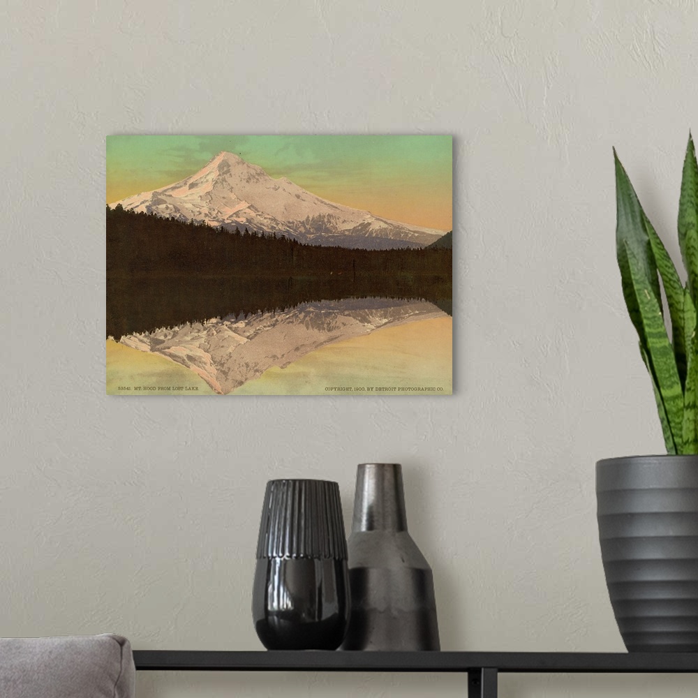 A modern room featuring Hand colored photograph of mt. Hood from lost lake.