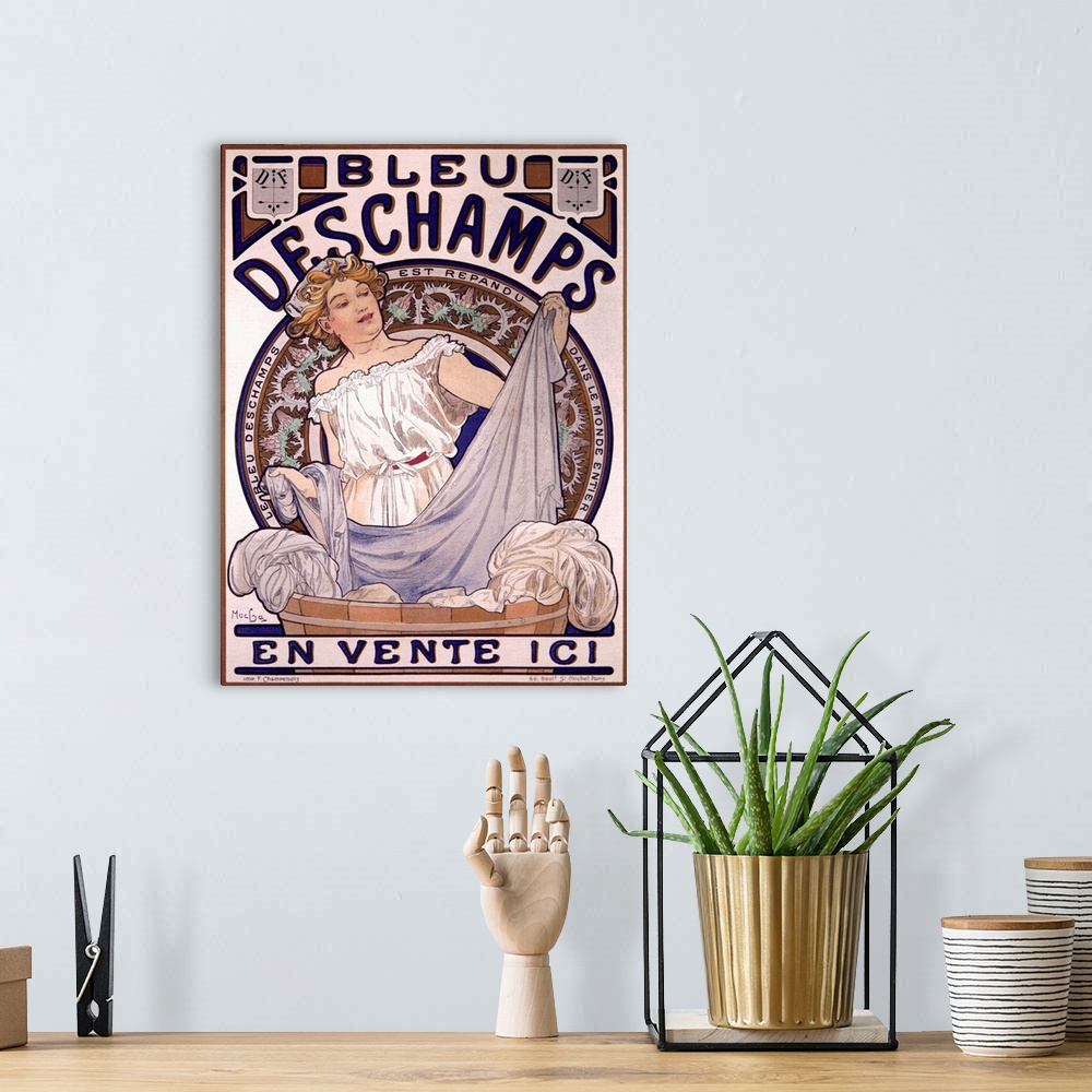 A bohemian room featuring Vintage French Advertising Lithographs, Bleu Deschampes