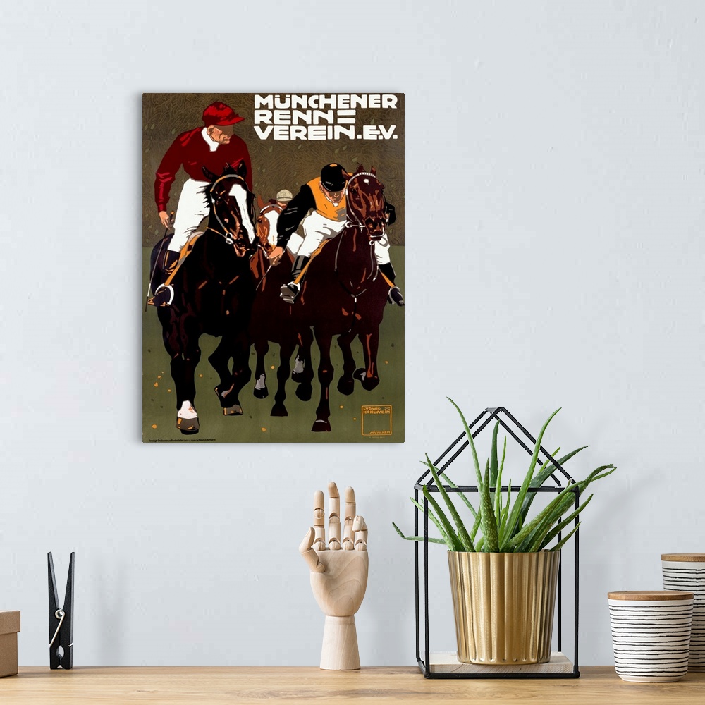 A bohemian room featuring Munich Horse Race Association Poster