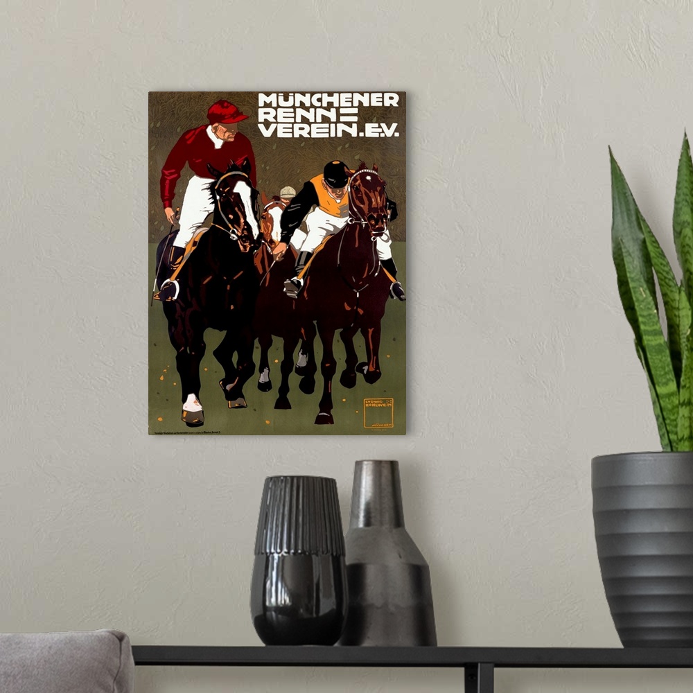 A modern room featuring Munich Horse Race Association Poster
