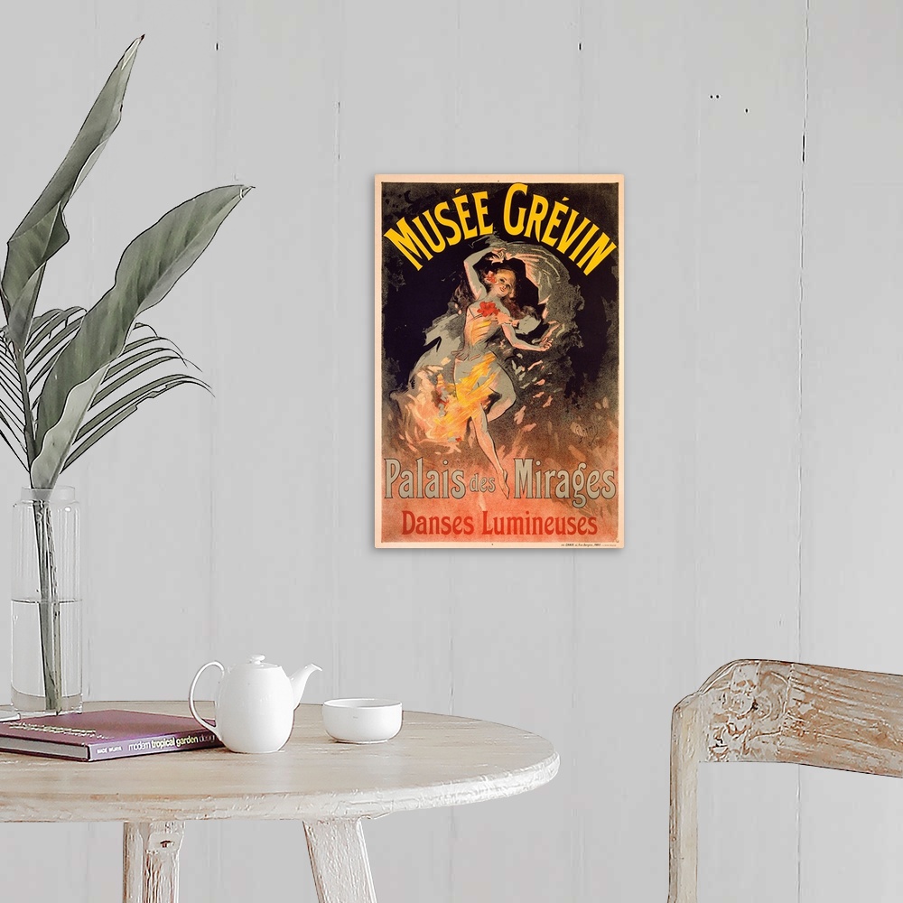 A farmhouse room featuring This Art Nouveau poster is advertising an entertainment venue with a woman dancing on stage with ...