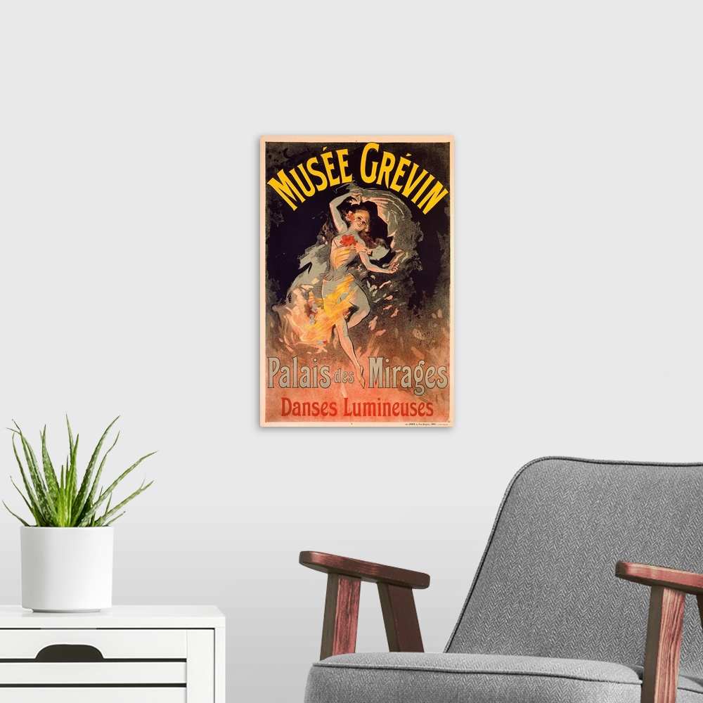 A modern room featuring This Art Nouveau poster is advertising an entertainment venue with a woman dancing on stage with ...