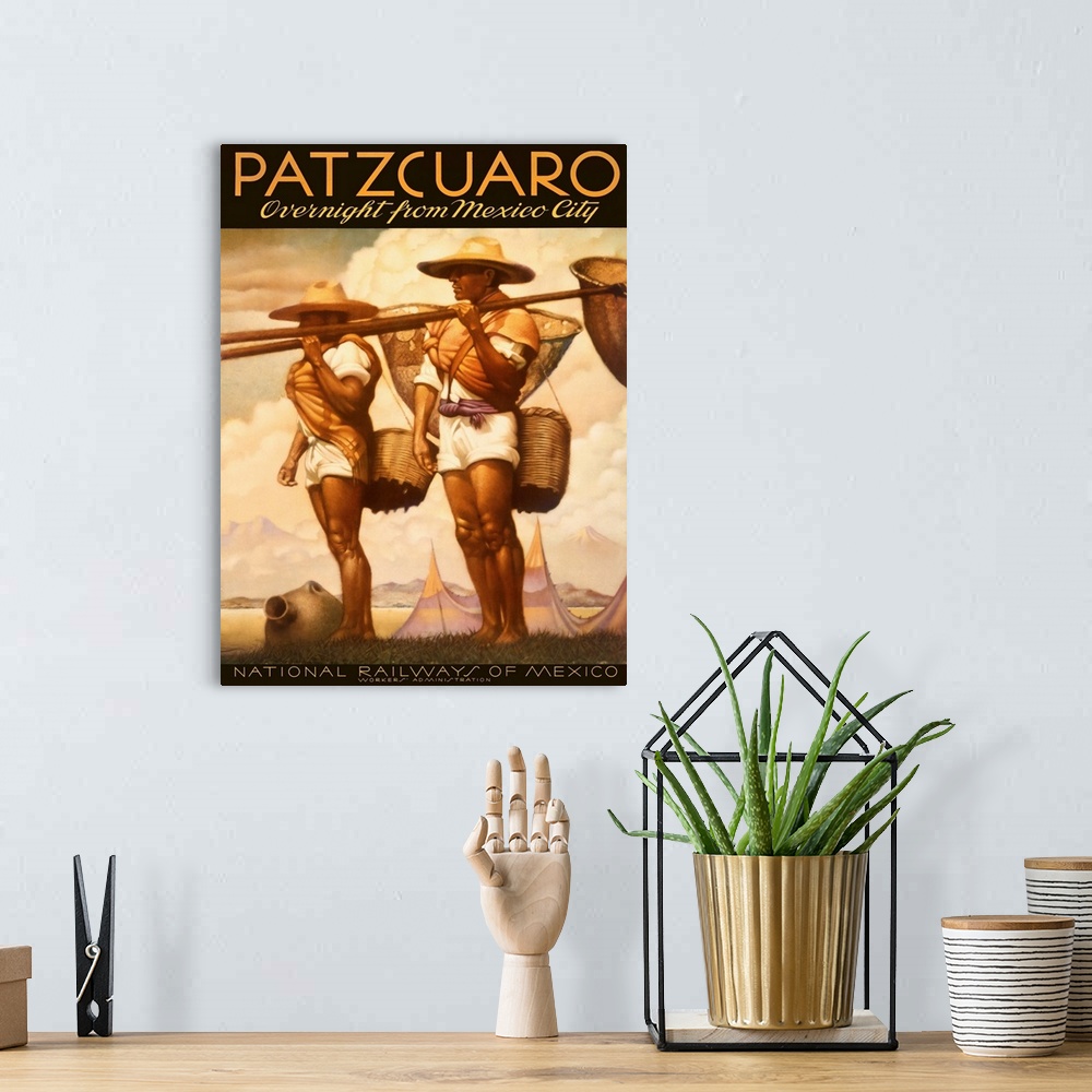 A bohemian room featuring Portrait advertisement on a big wall hanging for Patzcuaro, the National Railways of Mexico of tw...