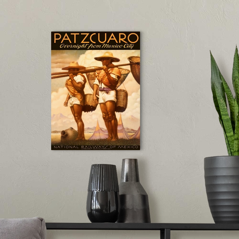 A modern room featuring Portrait advertisement on a big wall hanging for Patzcuaro, the National Railways of Mexico of tw...