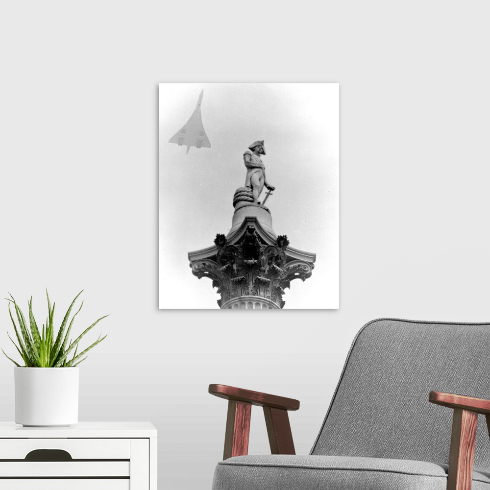 A modern room featuring A composite photo of Concorde 002 flying over Nelson's Column, London
