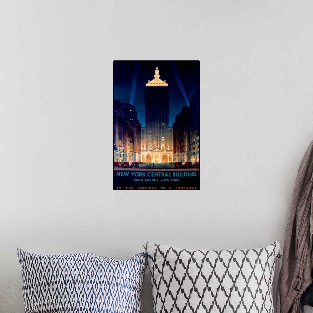 A bohemian room featuring Large antique advertising art focuses on the Helmsley skyscraper located within Manhattan.  Towar...