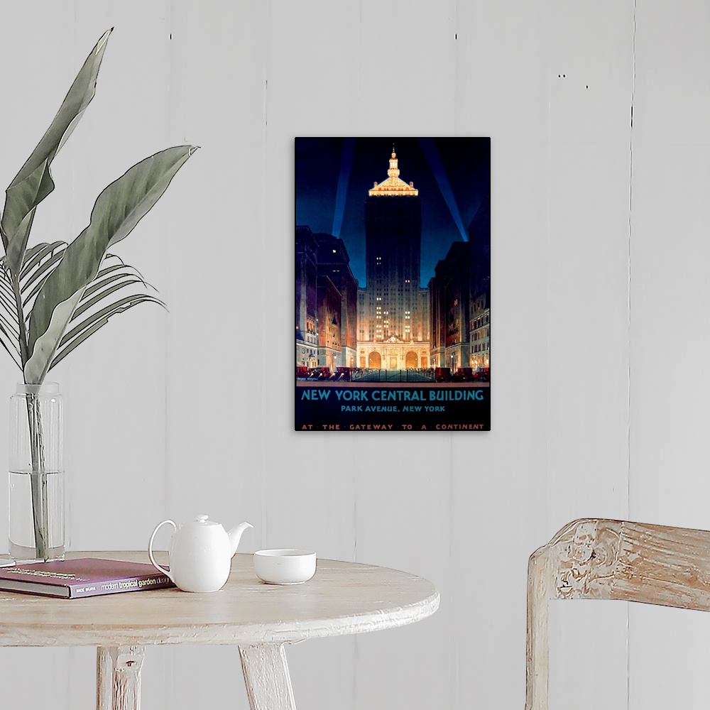 A farmhouse room featuring Large antique advertising art focuses on the Helmsley skyscraper located within Manhattan.  Towar...