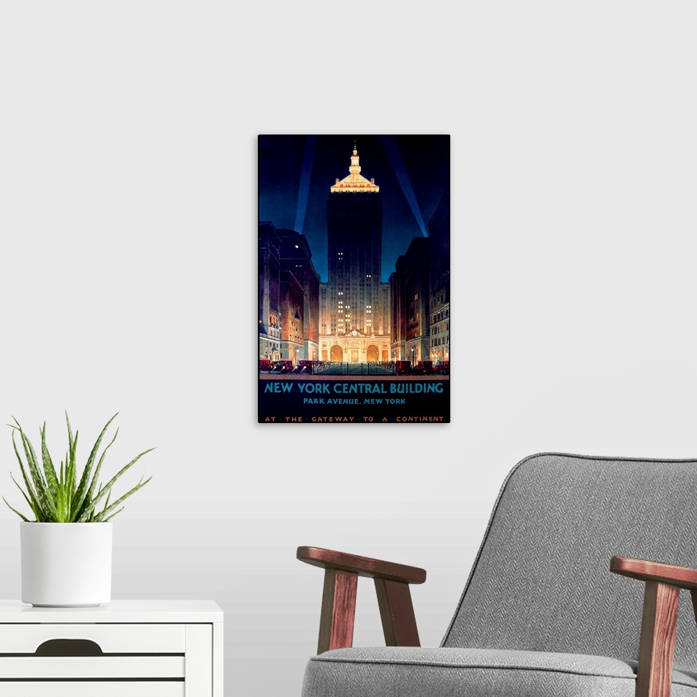 A modern room featuring Large antique advertising art focuses on the Helmsley skyscraper located within Manhattan.  Towar...