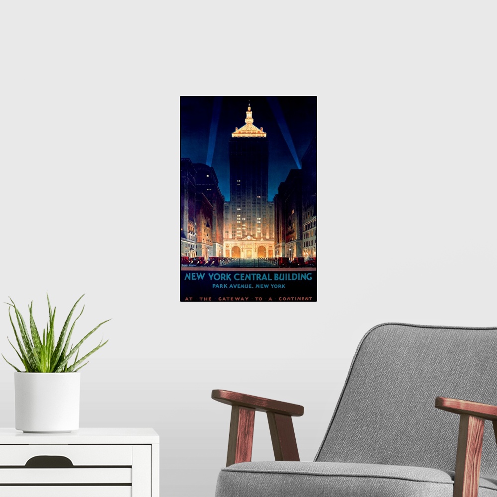 A modern room featuring Large antique advertising art focuses on the Helmsley skyscraper located within Manhattan.  Towar...