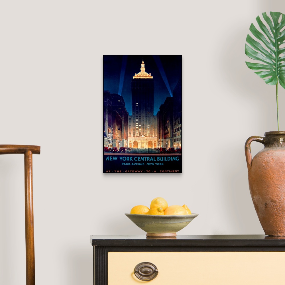 A traditional room featuring Large antique advertising art focuses on the Helmsley skyscraper located within Manhattan.  Towar...