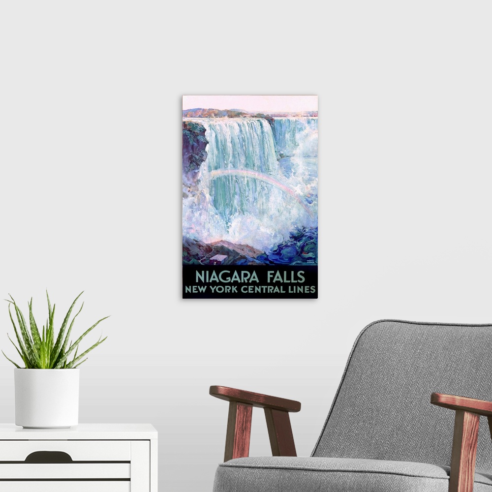 A modern room featuring Portrait, vintage travel advertisement for Niagara Falls, New York Central Lines.  The falls are ...