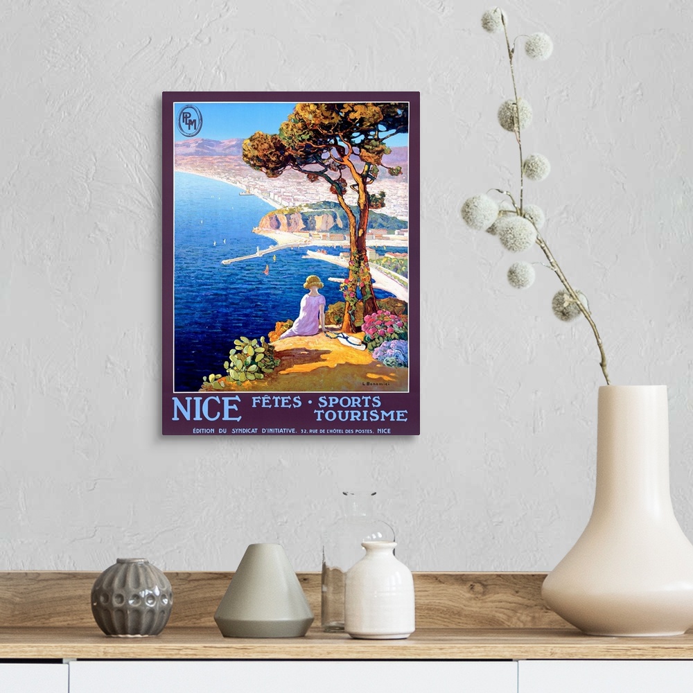 A farmhouse room featuring Vertical, large vintage advertisement for the Festival of Sports and Tourism in Nice.  Woman sitt...