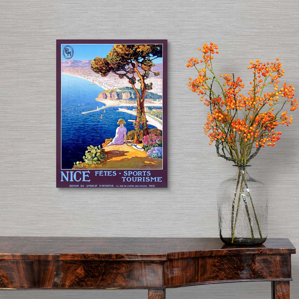 A traditional room featuring Vertical, large vintage advertisement for the Festival of Sports and Tourism in Nice.  Woman sitt...