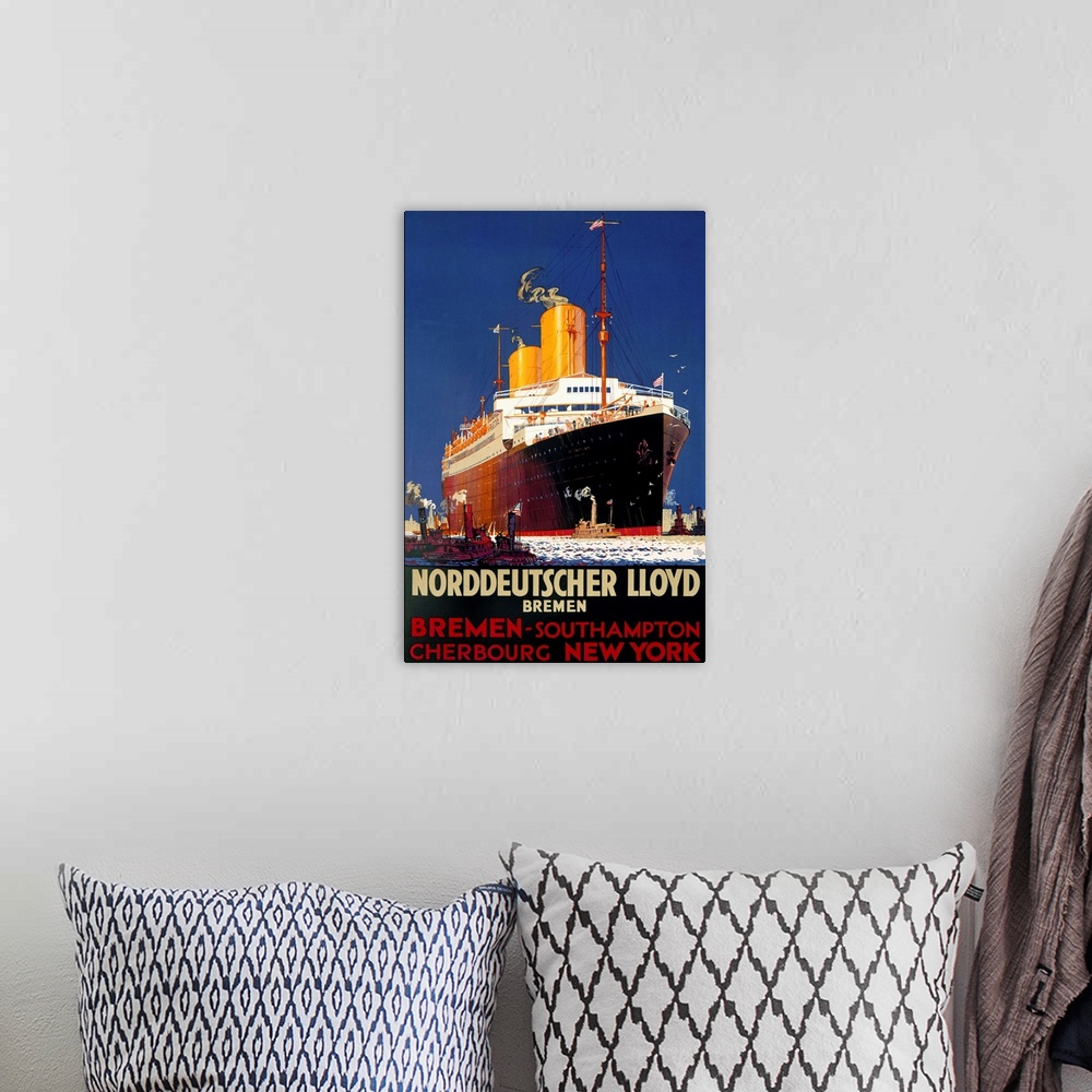 A bohemian room featuring Old advertising print of a huge ship in the ocean surrounded by several other smaller ships.