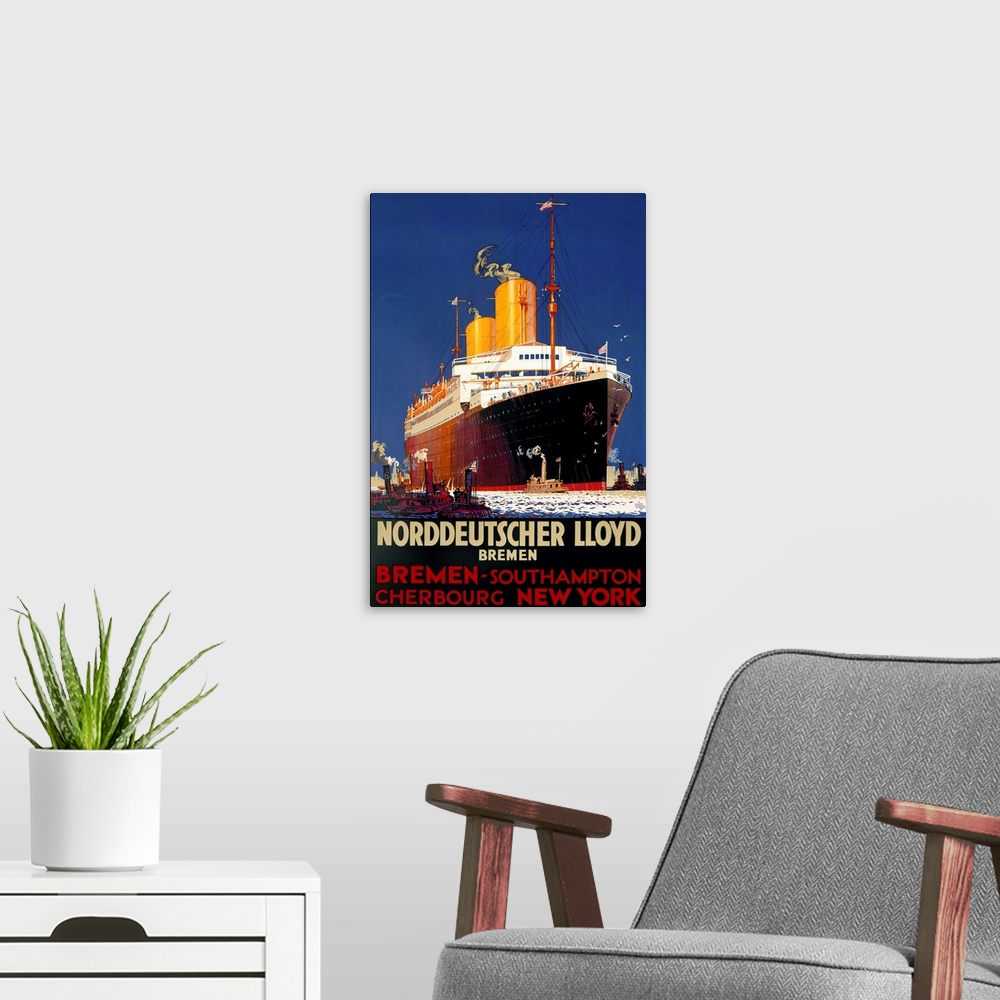 A modern room featuring Old advertising print of a huge ship in the ocean surrounded by several other smaller ships.