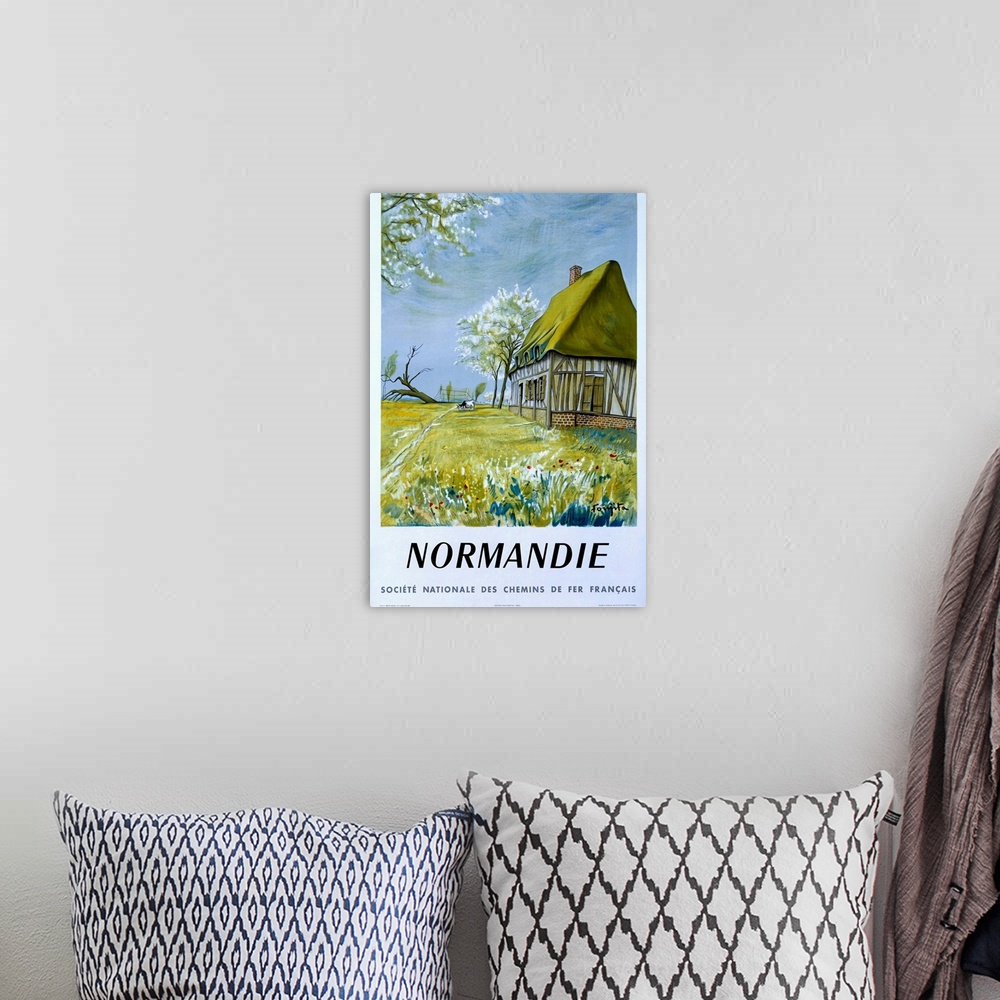 A bohemian room featuring Normandie, House and Flowers, Vintage Poster