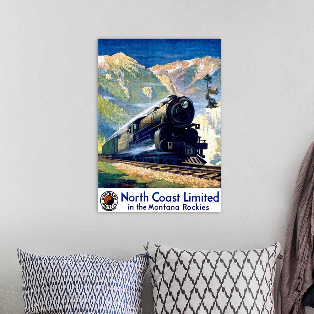 A bohemian room featuring Vertical, vintage, travel advertisement on a big canvas for Northern Pacific, of the North Coast ...