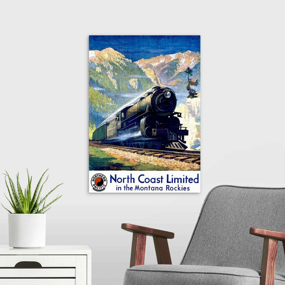 A modern room featuring Vertical, vintage, travel advertisement on a big canvas for Northern Pacific, of the North Coast ...
