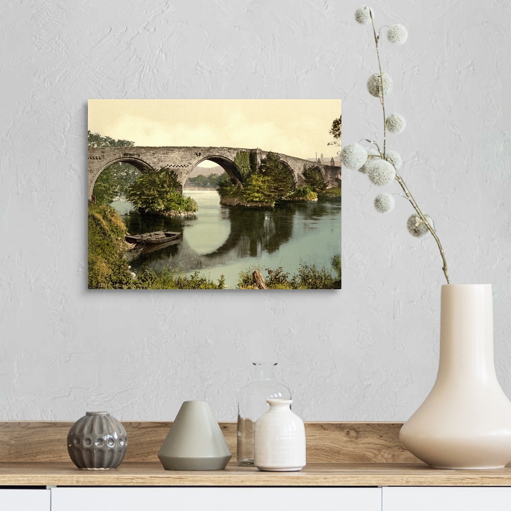 A farmhouse room featuring Hand colored photograph of old bridge, Stirling, Scotland.
