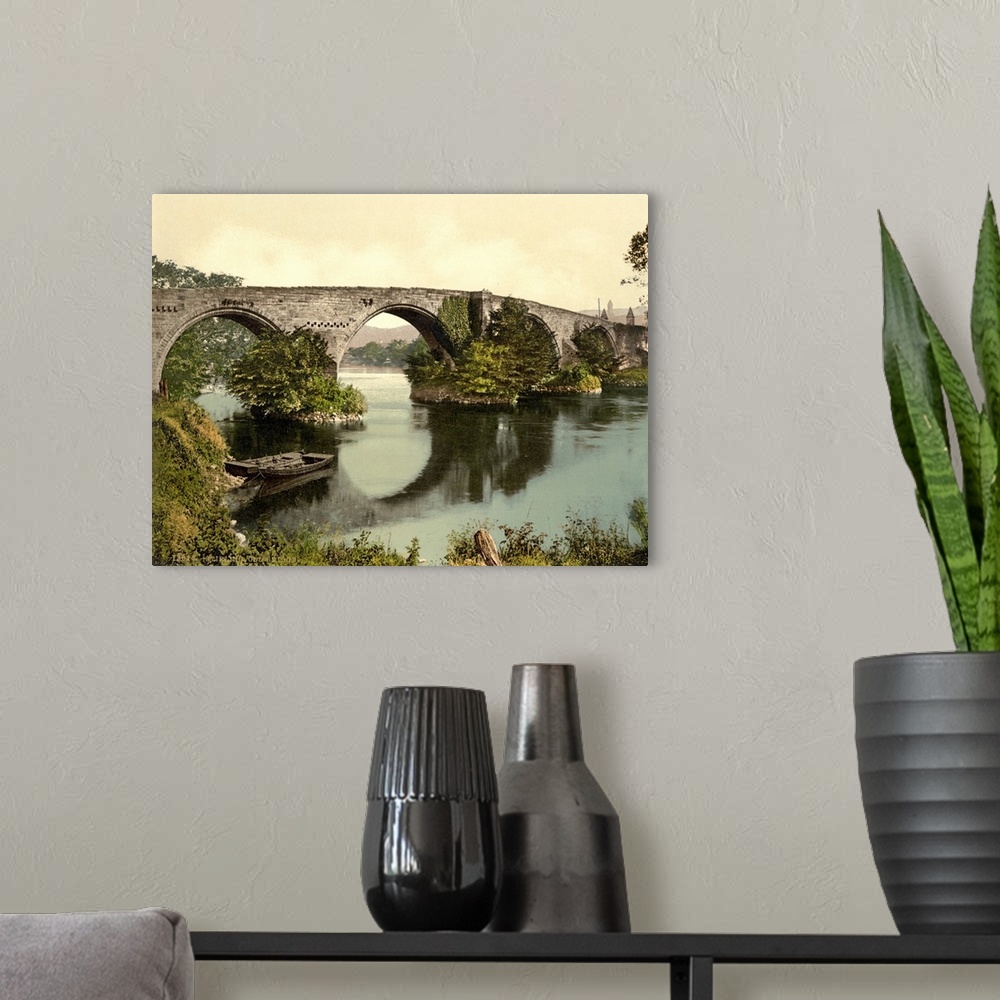 A modern room featuring Hand colored photograph of old bridge, Stirling, Scotland.