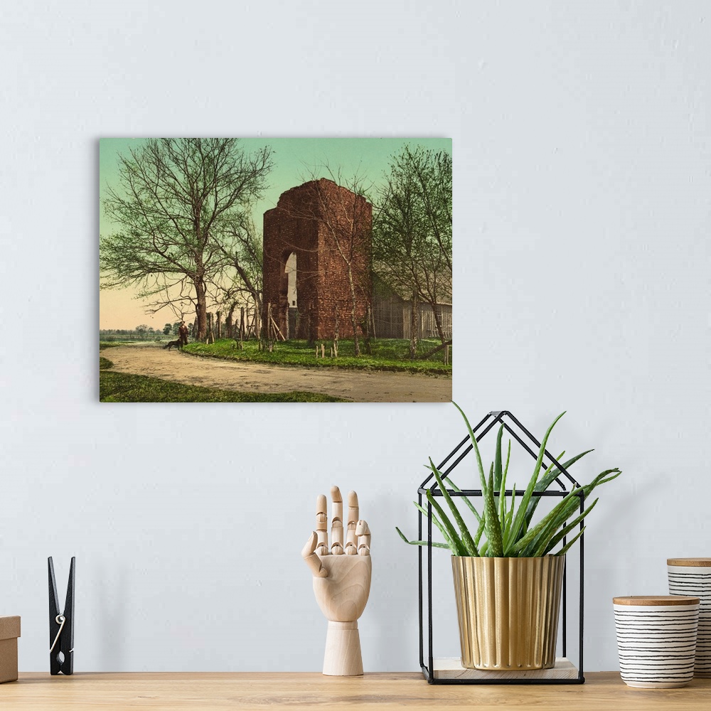A bohemian room featuring Hand colored photograph of old church at Jamestown, Virginia.