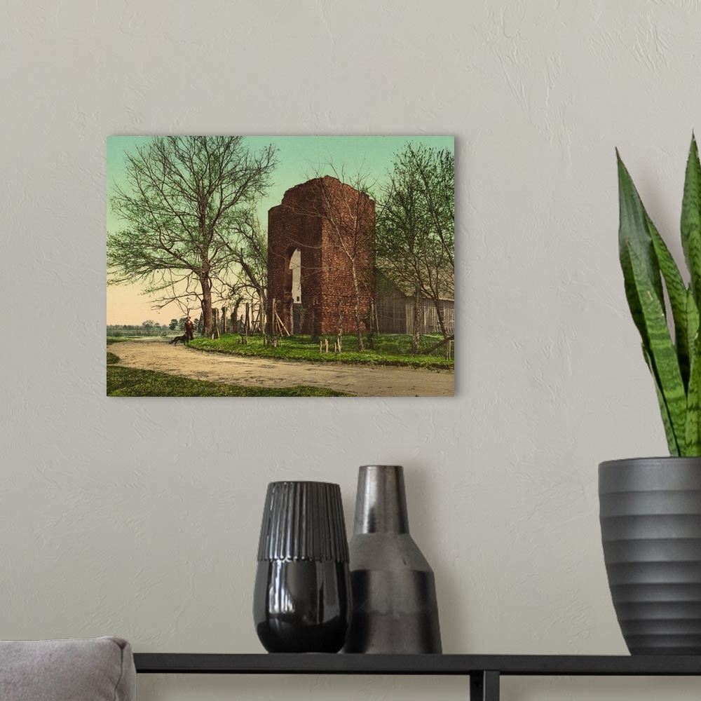 A modern room featuring Hand colored photograph of old church at Jamestown, Virginia.