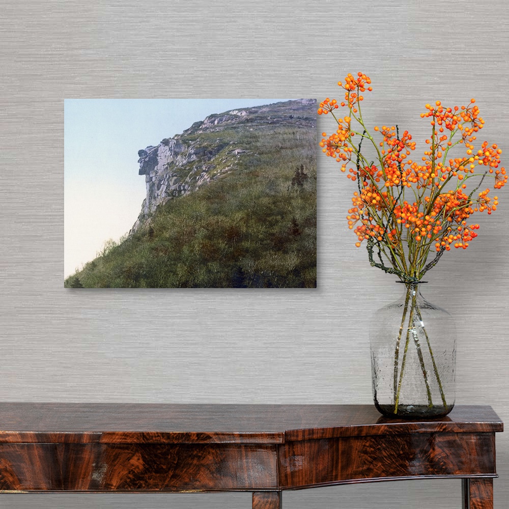 A traditional room featuring Photo on canvas of the face of a man made out of rocks hanging on a cliff of a mountain.