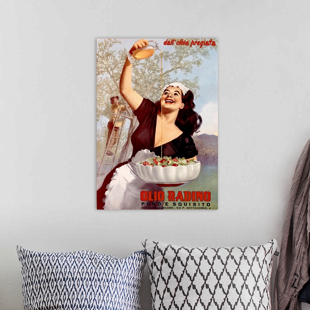 A bohemian room featuring Classic advertisement for Olio Radino cooking oil featuring a woman pouring cooking oil onto a sa...