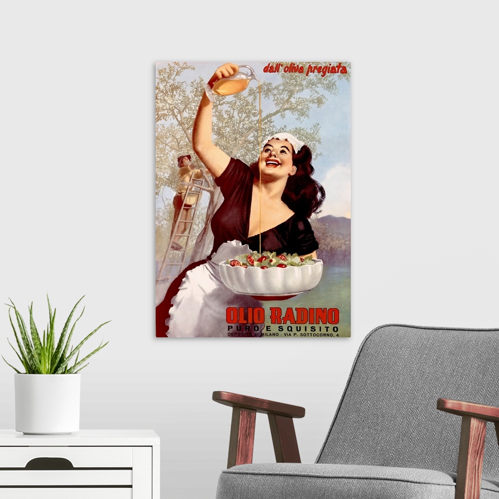 A modern room featuring Classic advertisement for Olio Radino cooking oil featuring a woman pouring cooking oil onto a sa...