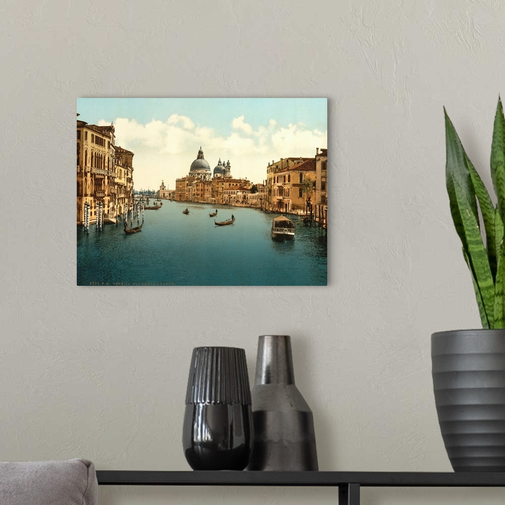 A modern room featuring Hand colored photograph of on the grand canal, Venice, Italy.